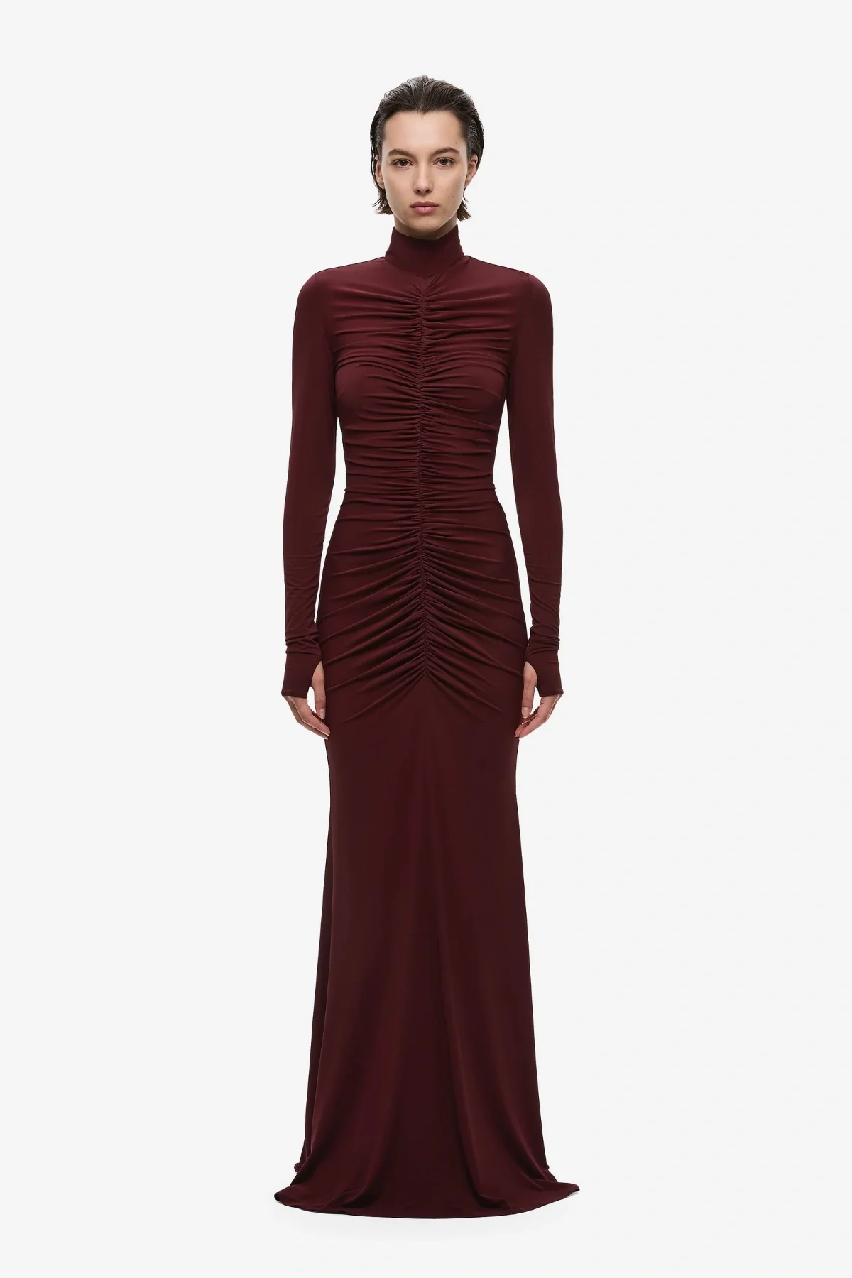 The 'Gathered' Long Sleeve Maxi Dress Currant - Image 3