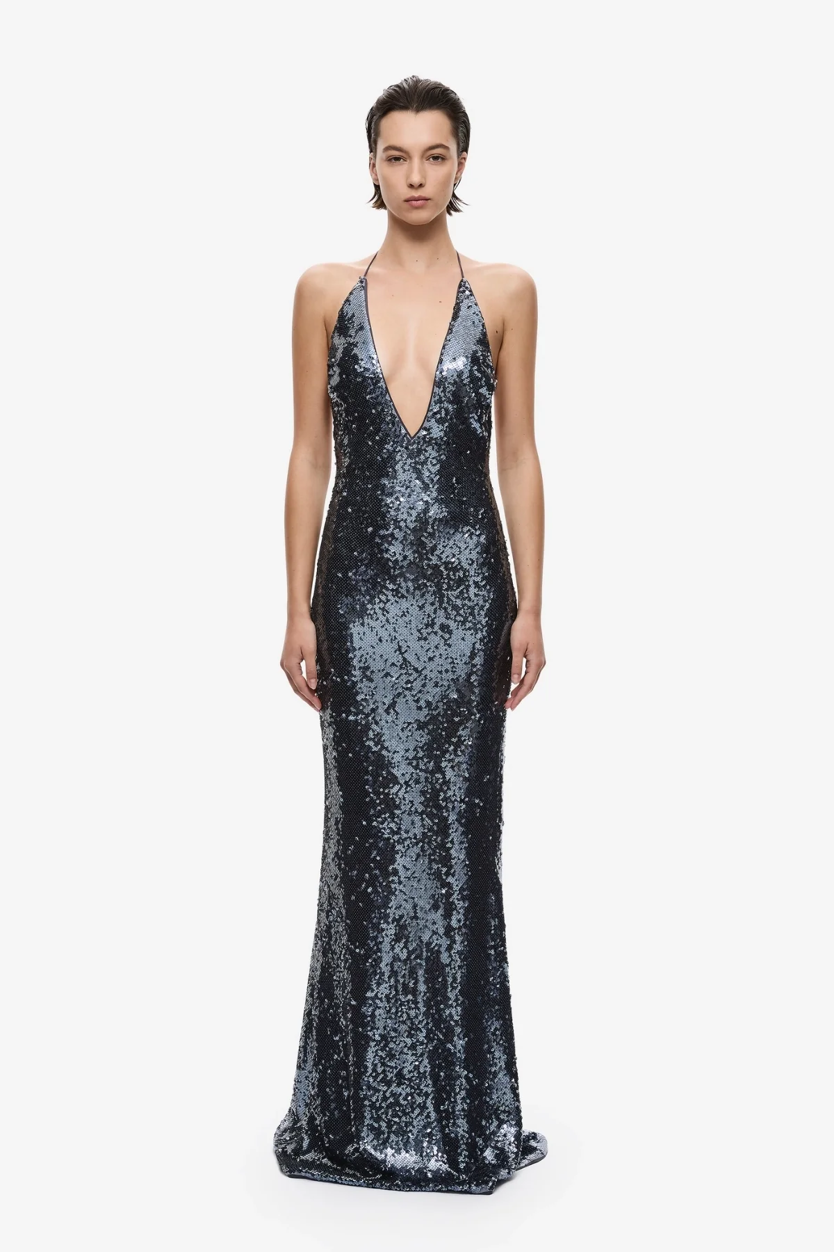 The Plunge Sequin Jersey Maxi Dress Gunmetal