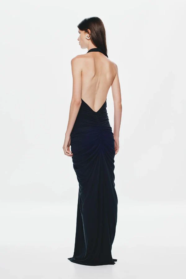 The 'Venus' Gathered Cupro Dress Black - Image 3