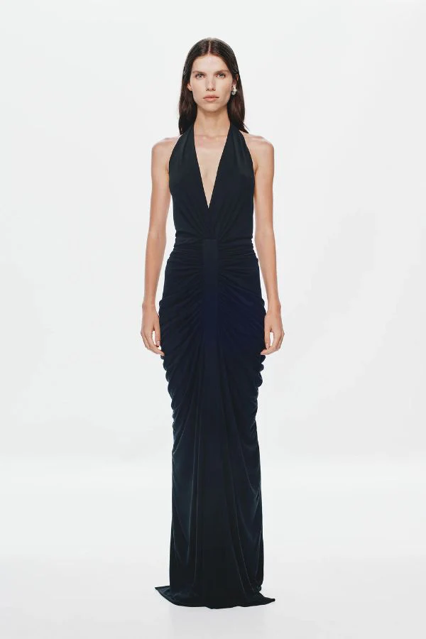 The 'Venus' Gathered Cupro Dress Black - Image 4