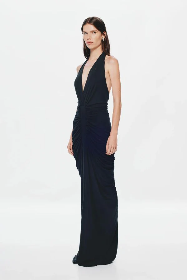The 'Venus' Gathered Cupro Dress Black - Image 5