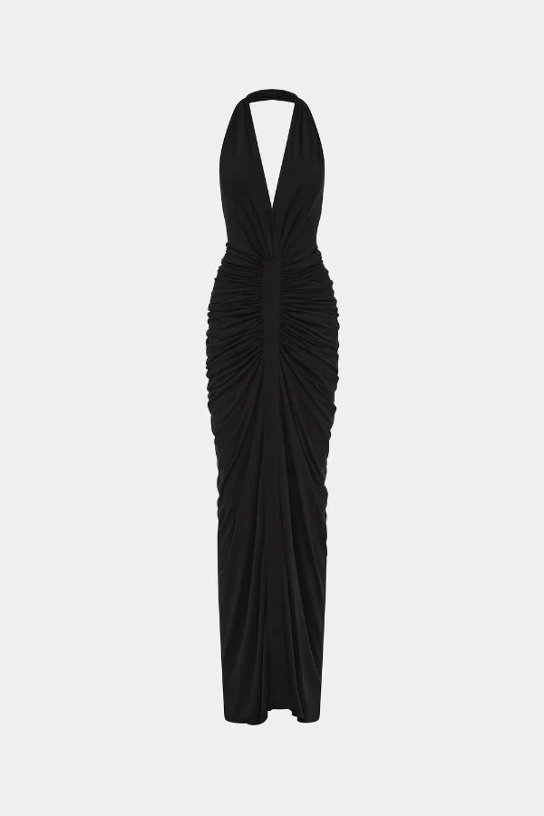 The 'Venus' Gathered Cupro Dress Black - Image 6
