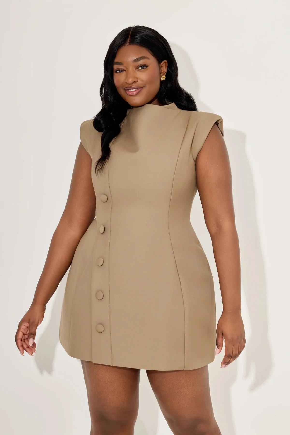 Sleeveless Button Detail Mini Dress Khaki - Image 4