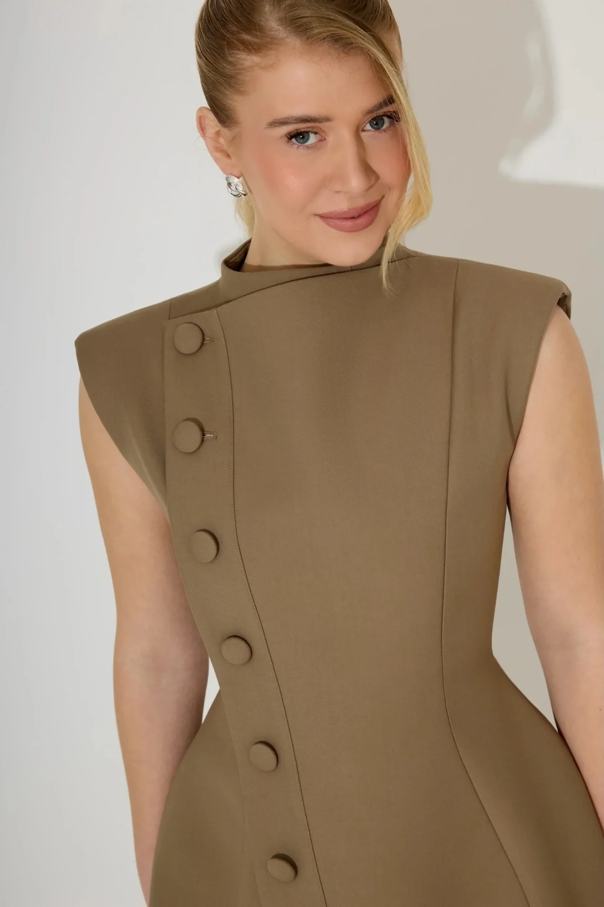 Sleeveless Button Detail Mini Dress Khaki - Image 6