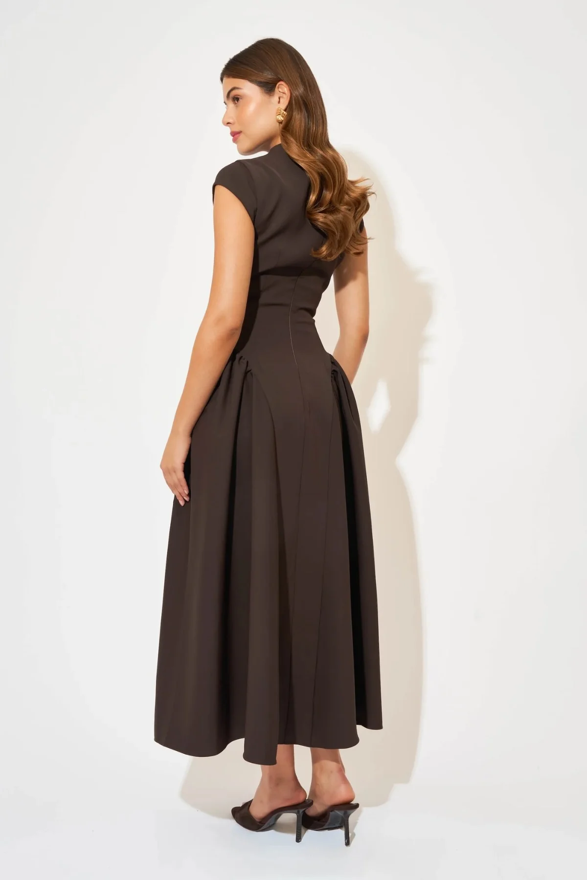 Cap Sleeve Gathered Detail Midi Dress Dark Brown - Image 4