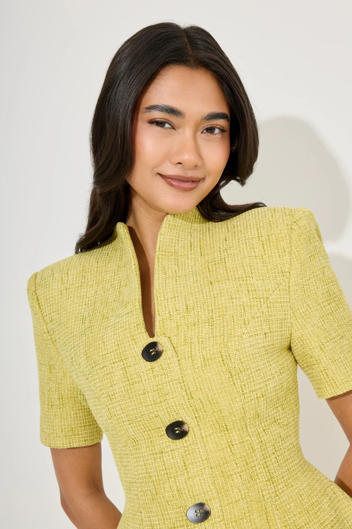 Cotton Mix Boucle Button Dress Chartreuse - Image 3
