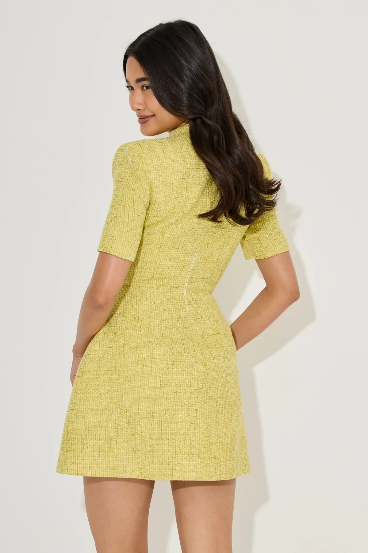Cotton Mix Boucle Button Dress Chartreuse - Image 4
