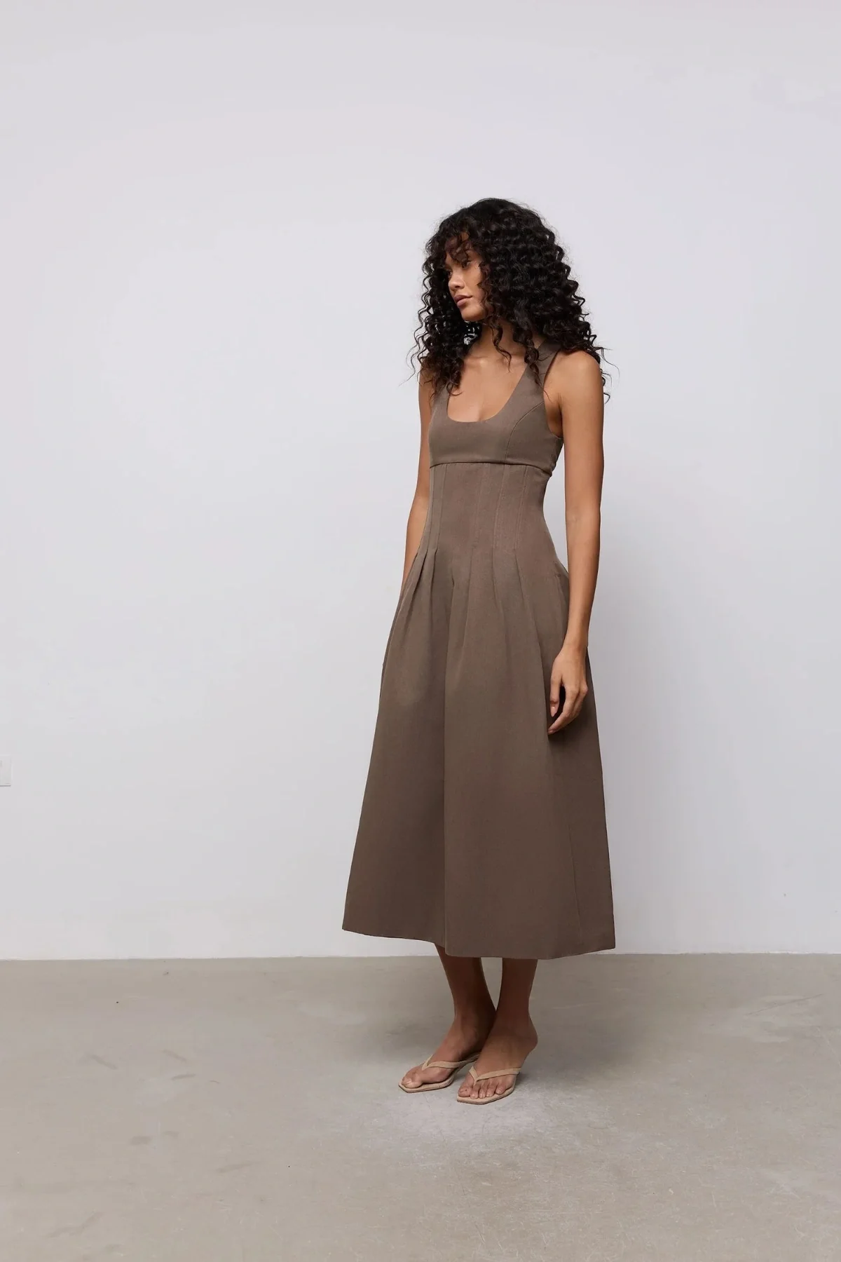 Cotton Mix Cinched Midi Dress Mushroom - Image 3