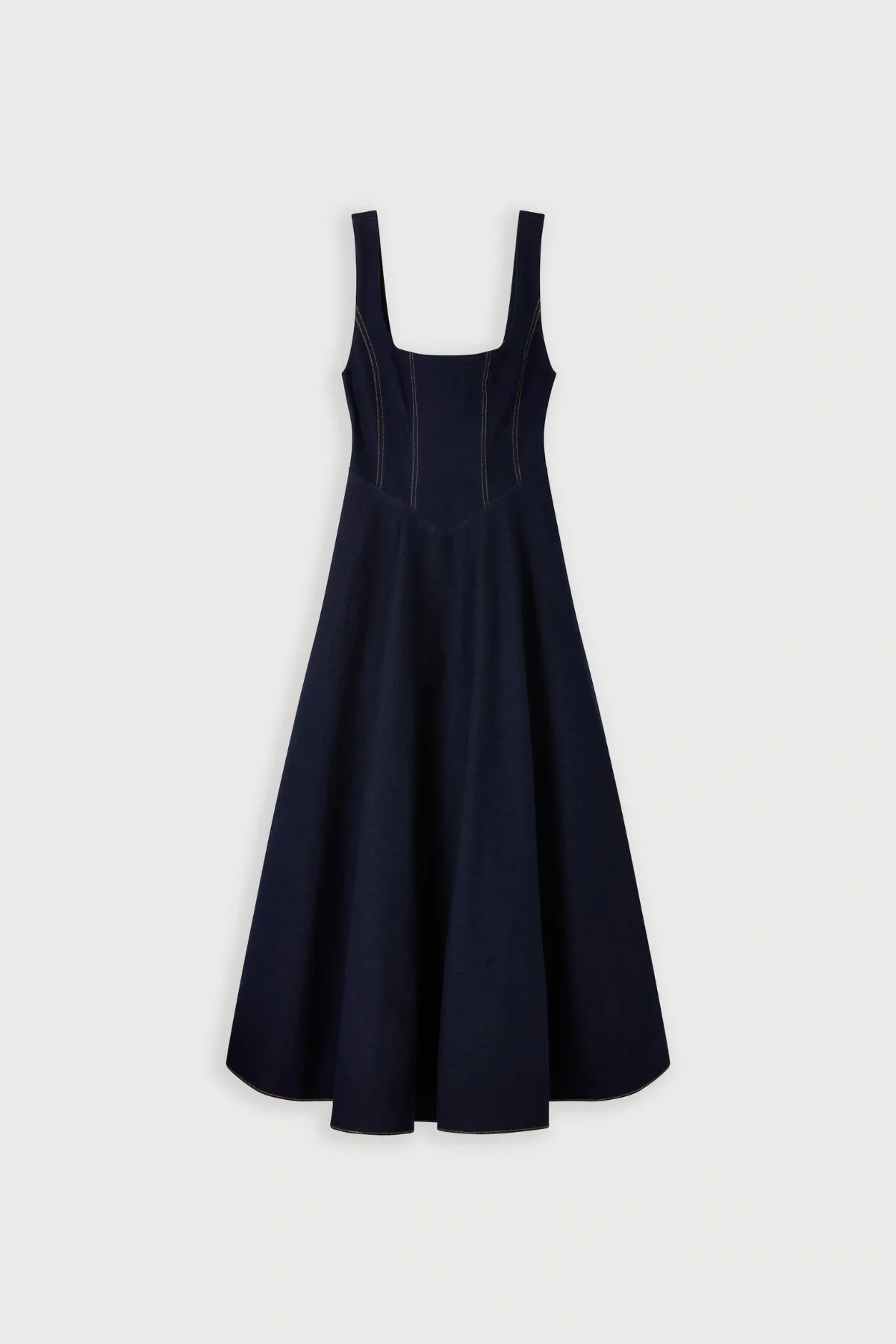 Cotton Mix Denim Square Neck Midi Dress Dark Blue - Image 6