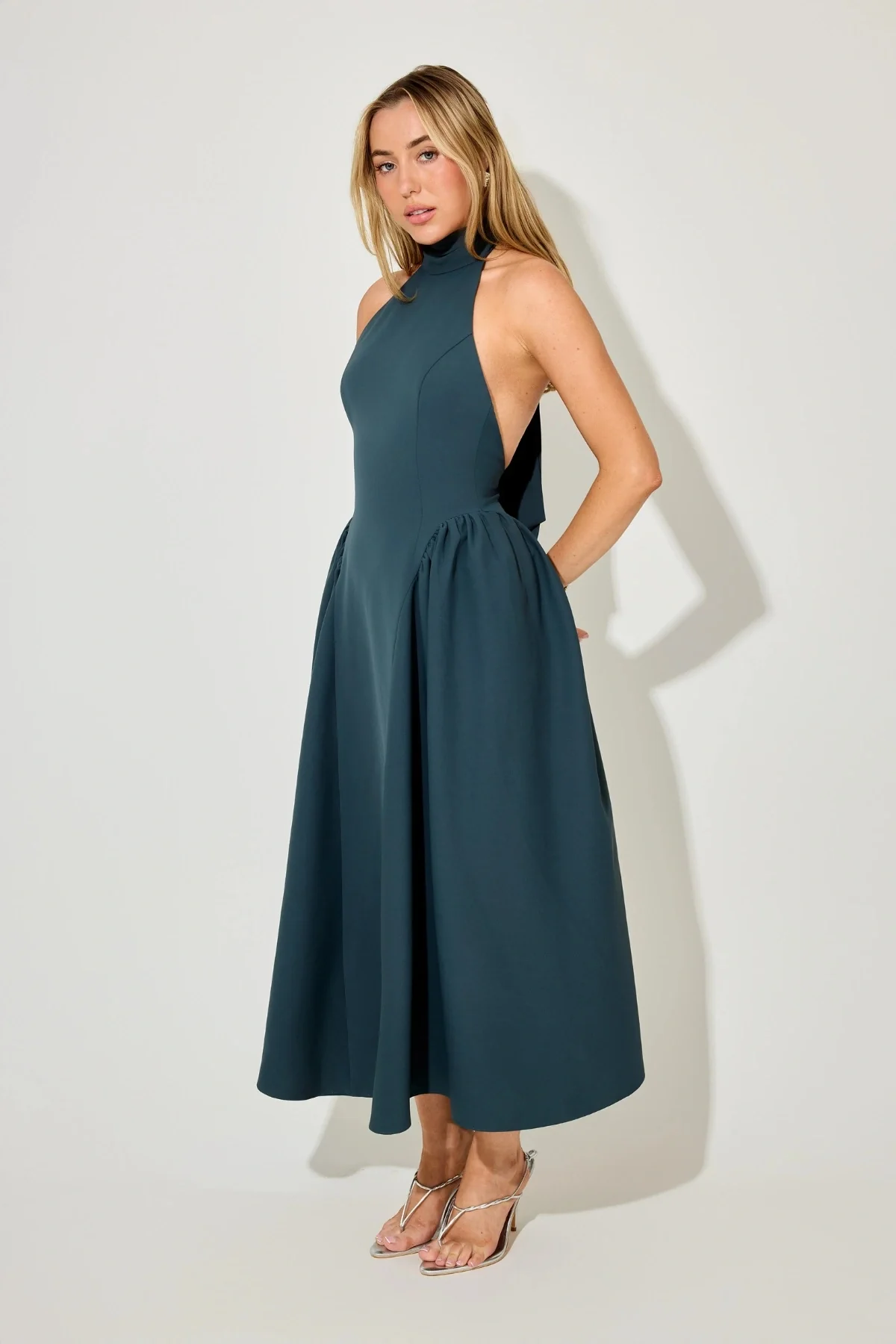 The Ultimate Muse High Neck Gathered Detail Midi Dress Teal