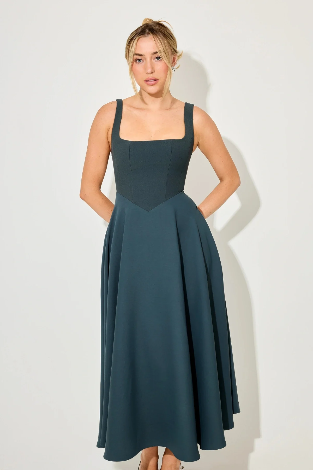 The Ultimate Muse High Waist Square Neck Midi Dress Teal - Image 3