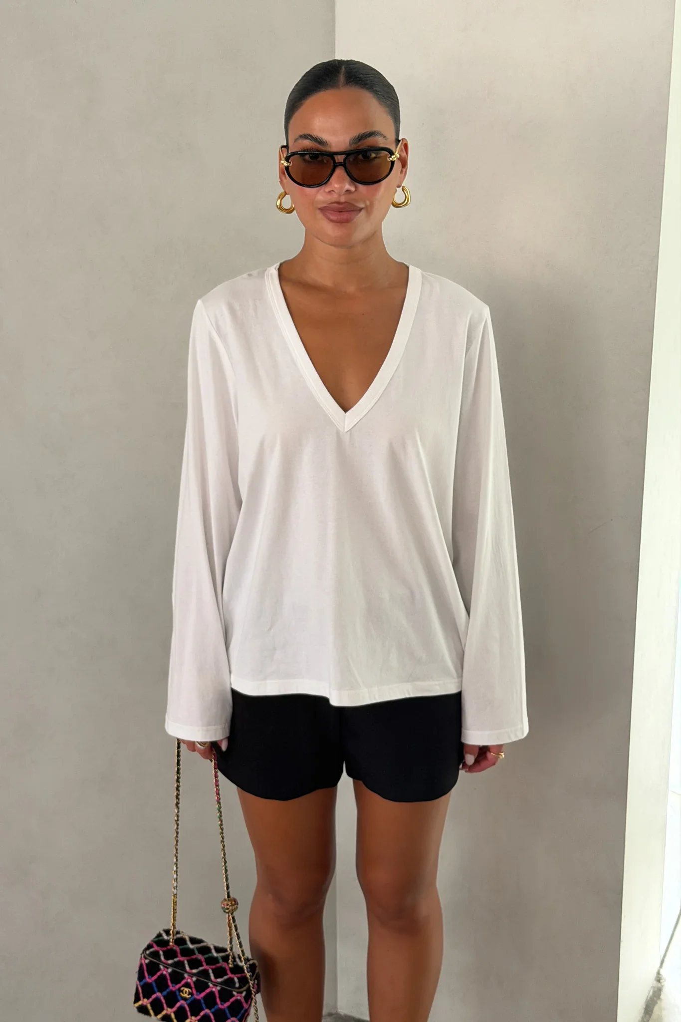 Carter V Neck Long Sleeve Top White - Image 3