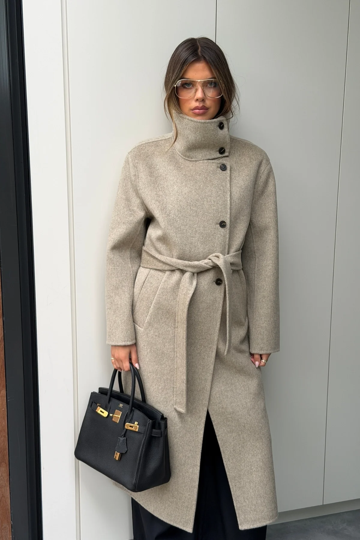 Ella Squire Funnel Neck Oversized Coat Oat Marle