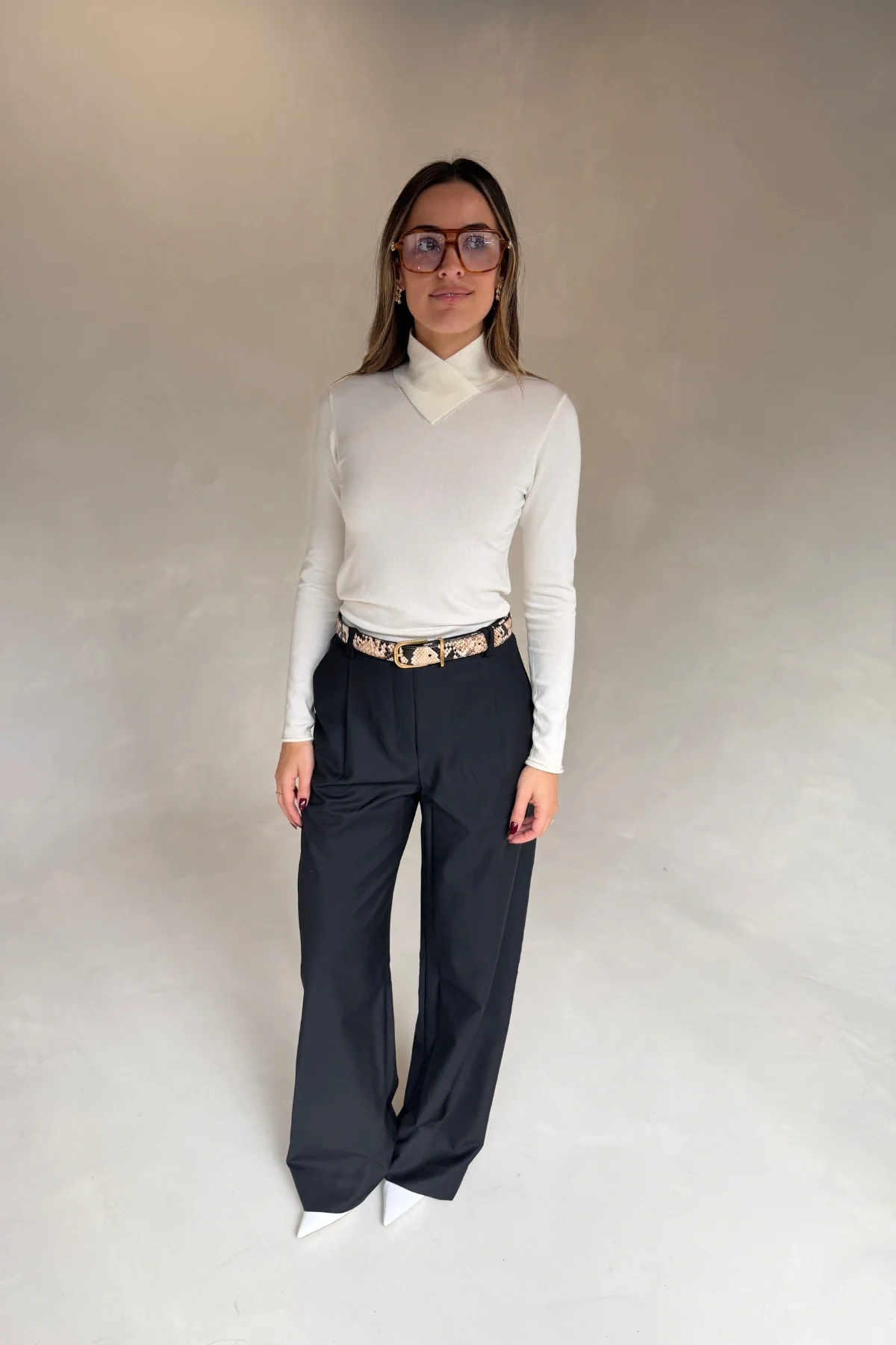 Eloise High V Neck Knit Top Ivory - Image 2
