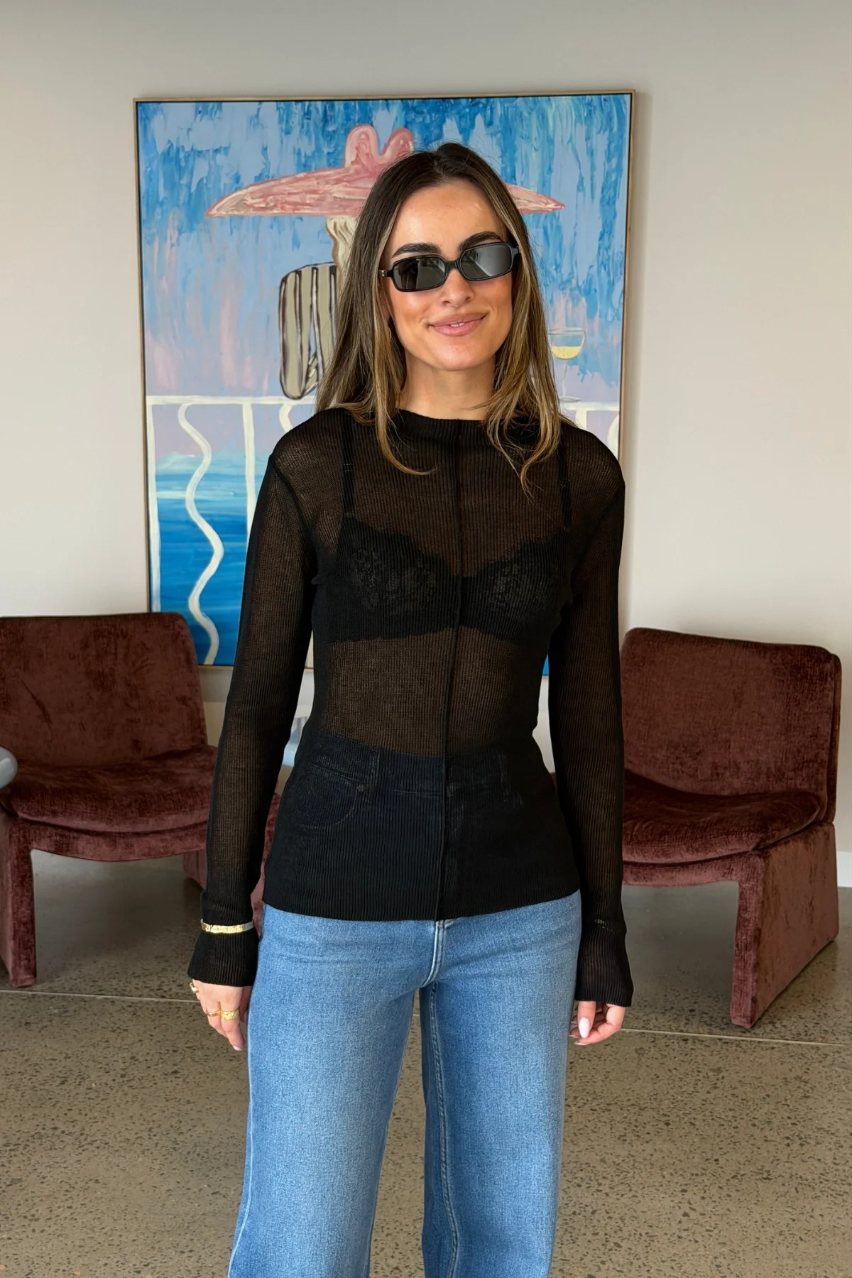Fine Knit Sheer Long Sleeve Top Black - Image 2