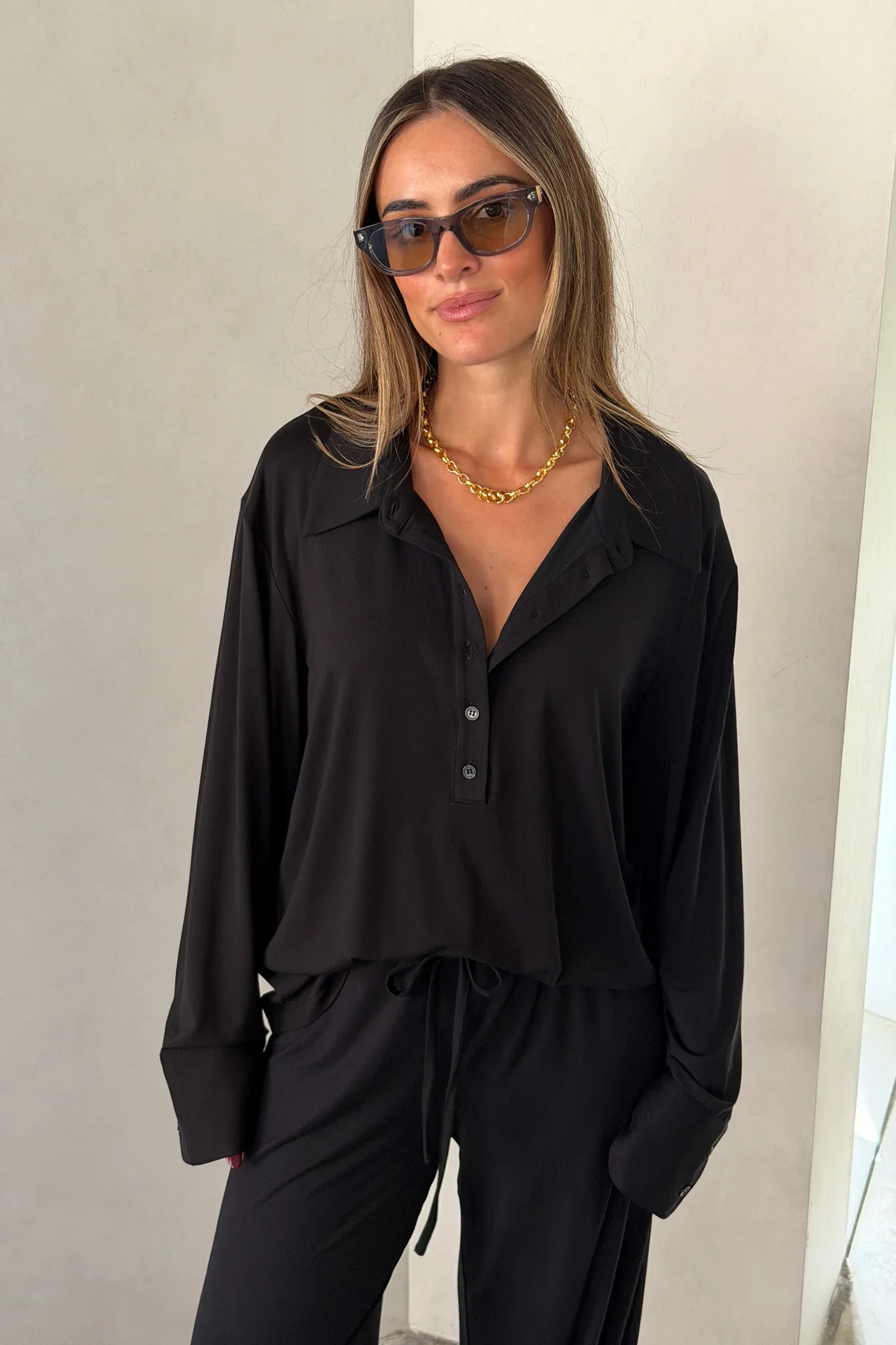 Hunter Long Sleeve Polo Top Black - Image 3