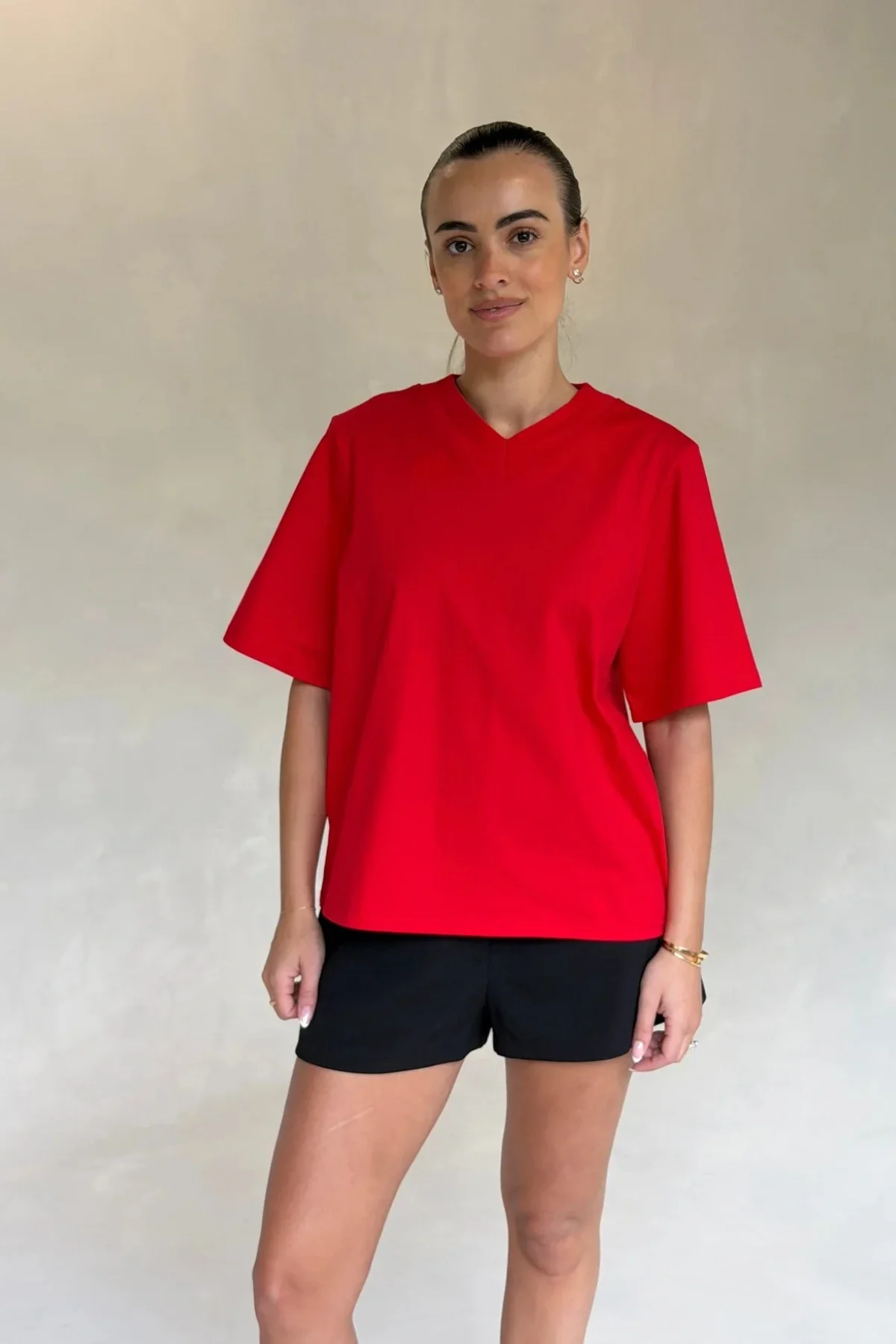 Olivia High V Neck Relaxed Tee Red - Image 2